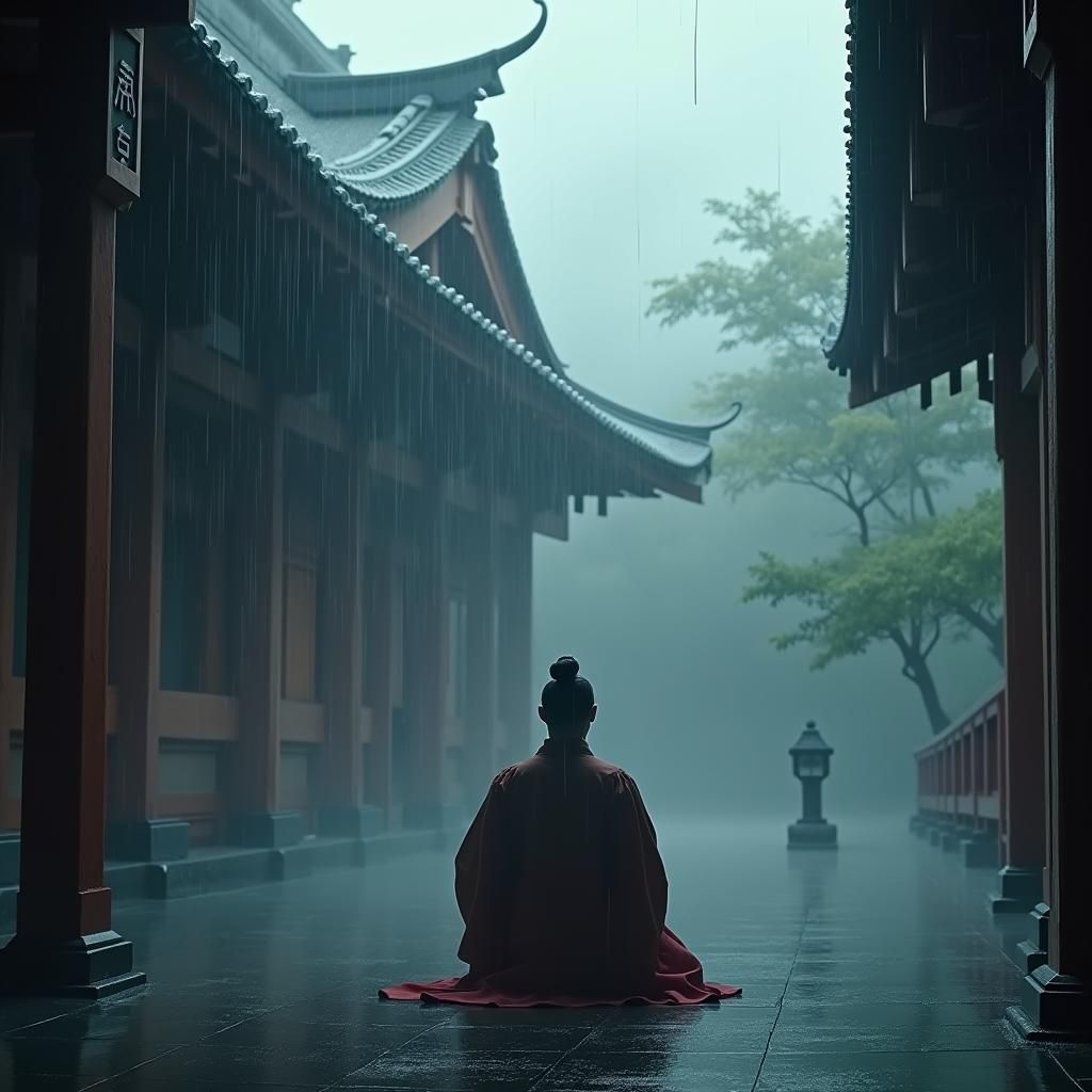 Japanese Man in Shinto Temple, Fantasy Concept Art