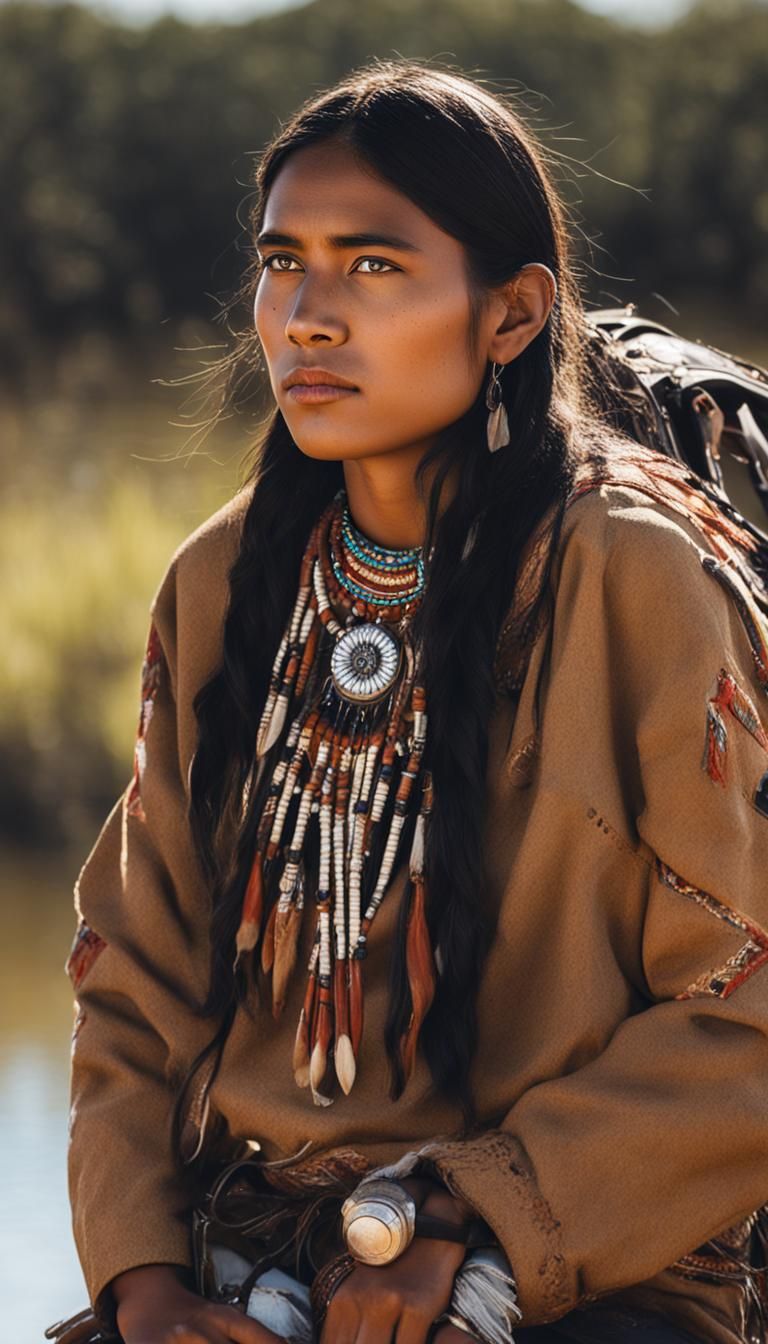Native American Woman and Black Stallion Portrait