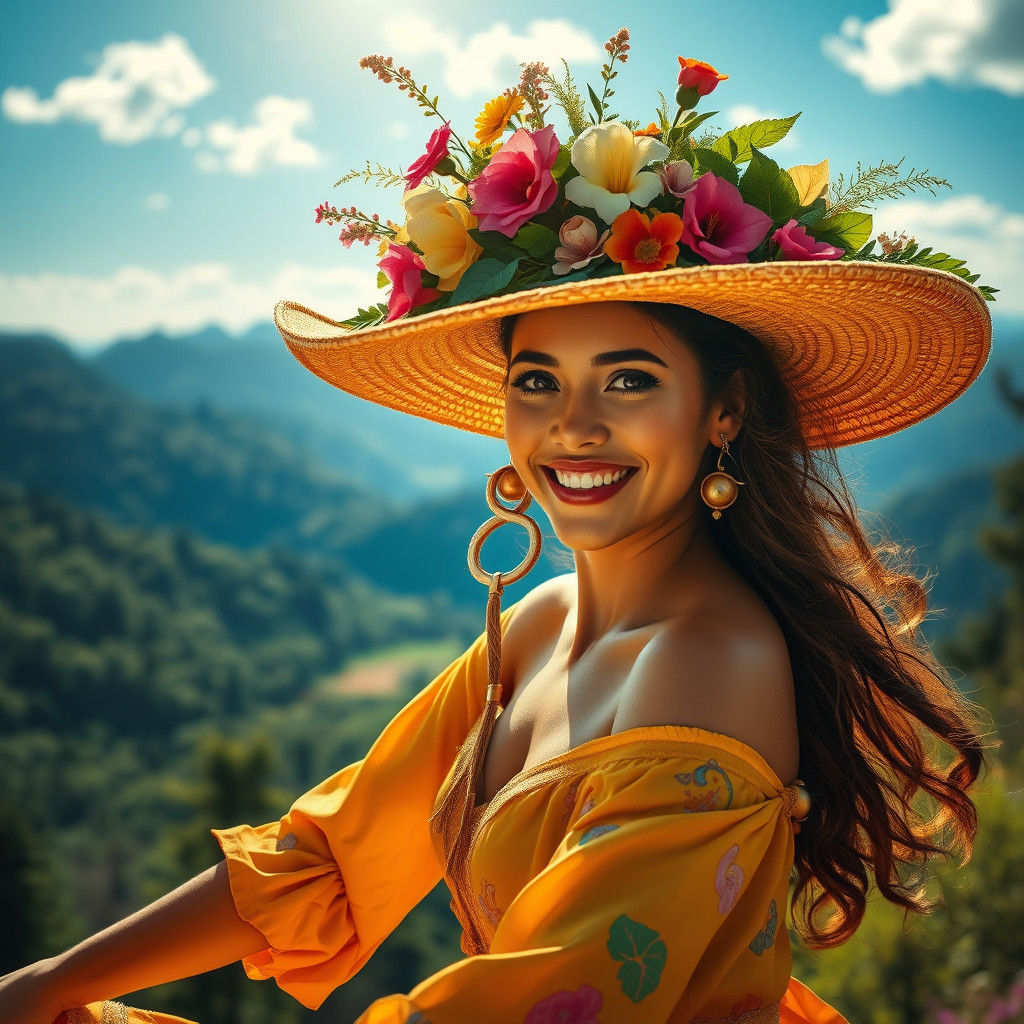 Woman with Floral Hat Dancing in Nature, Hyperrealistic Styl...