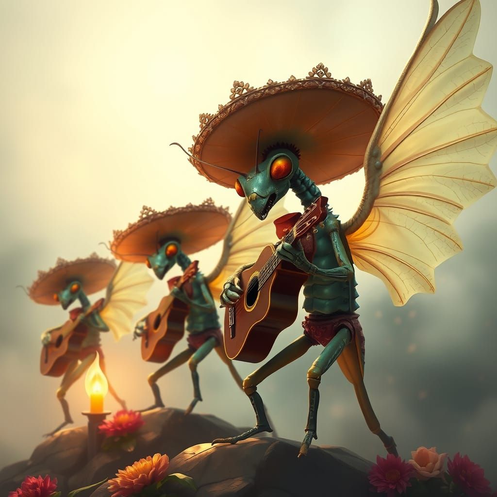 Winged Mantis Mariachi Band in Ethereal Fantasy