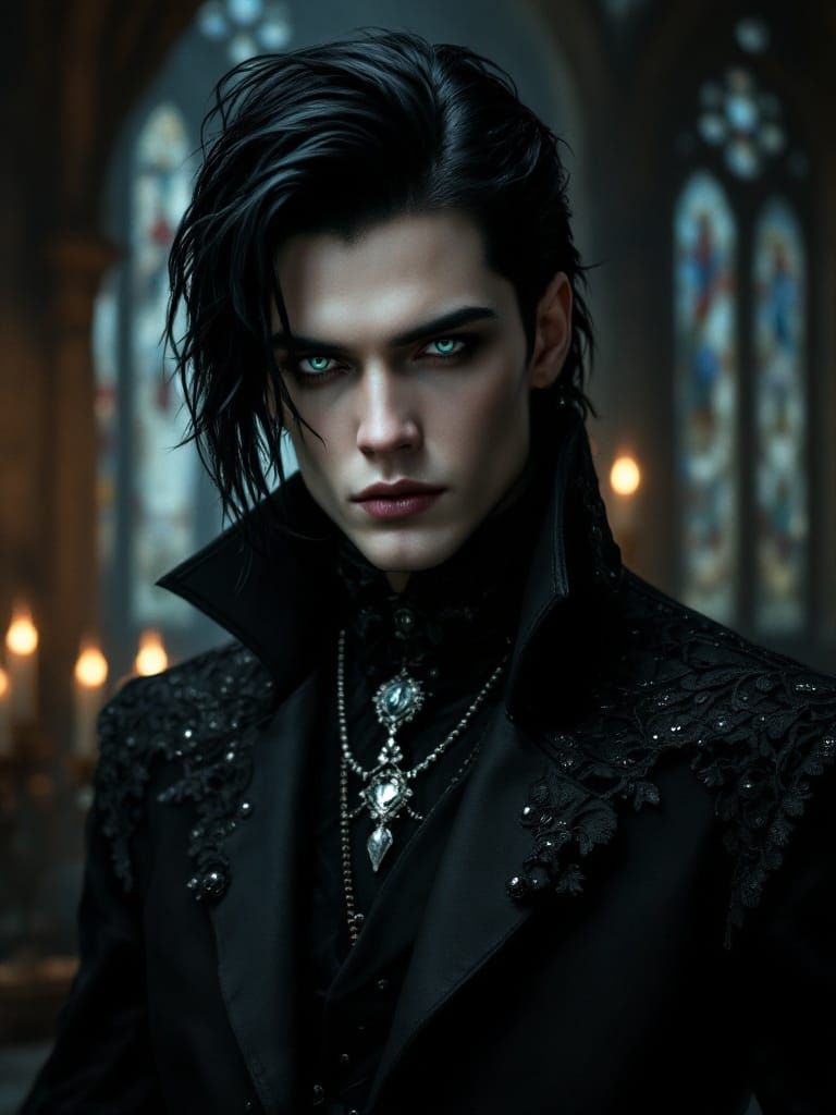 Gothic Man in Elegant, Intricately Detailed Attire with Chis...