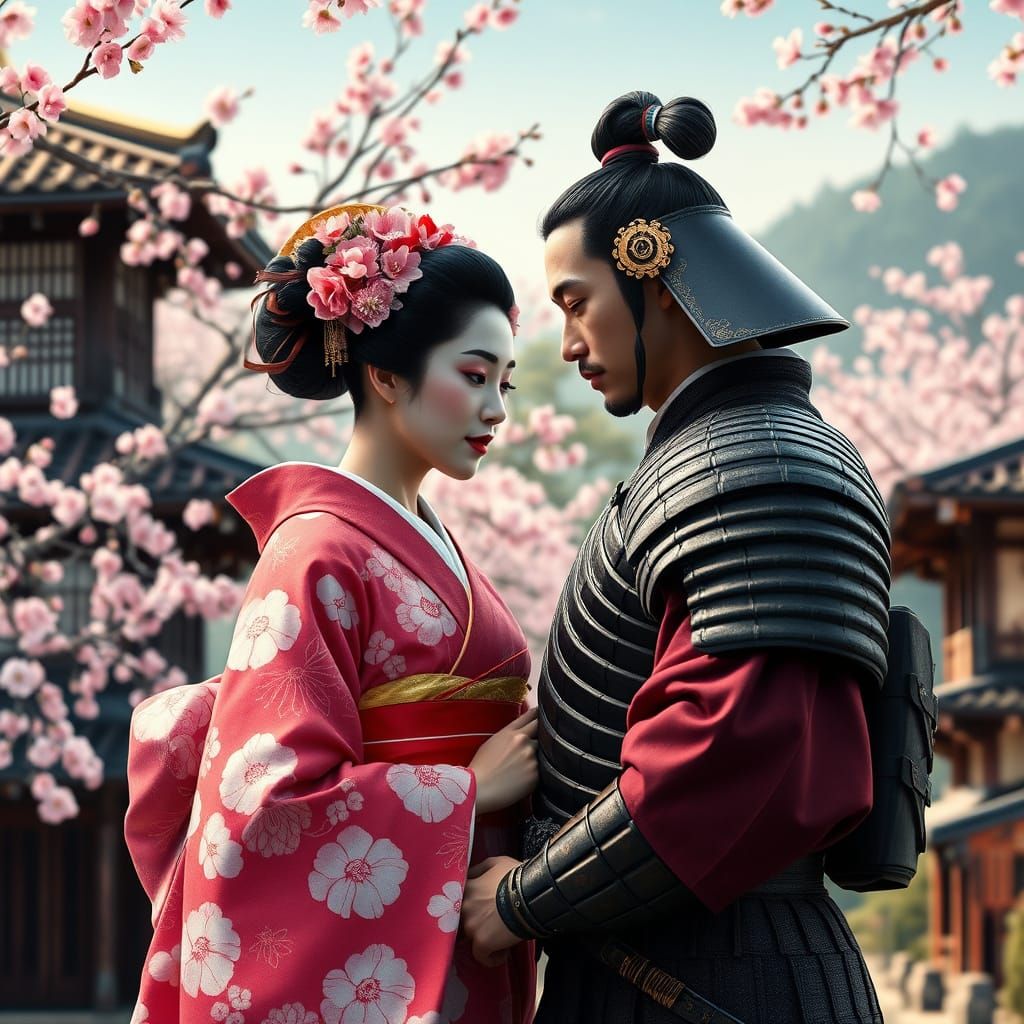 Geisha and Samurai Embrace Amidst Cherry Blossoms