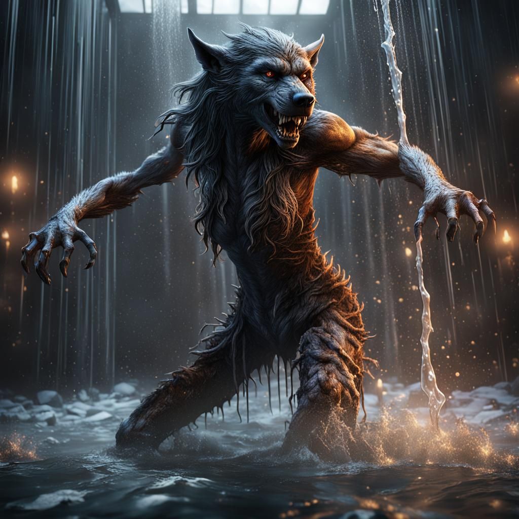 Liquid Metal Werewolf in Shower: Detailed Fantasy Art