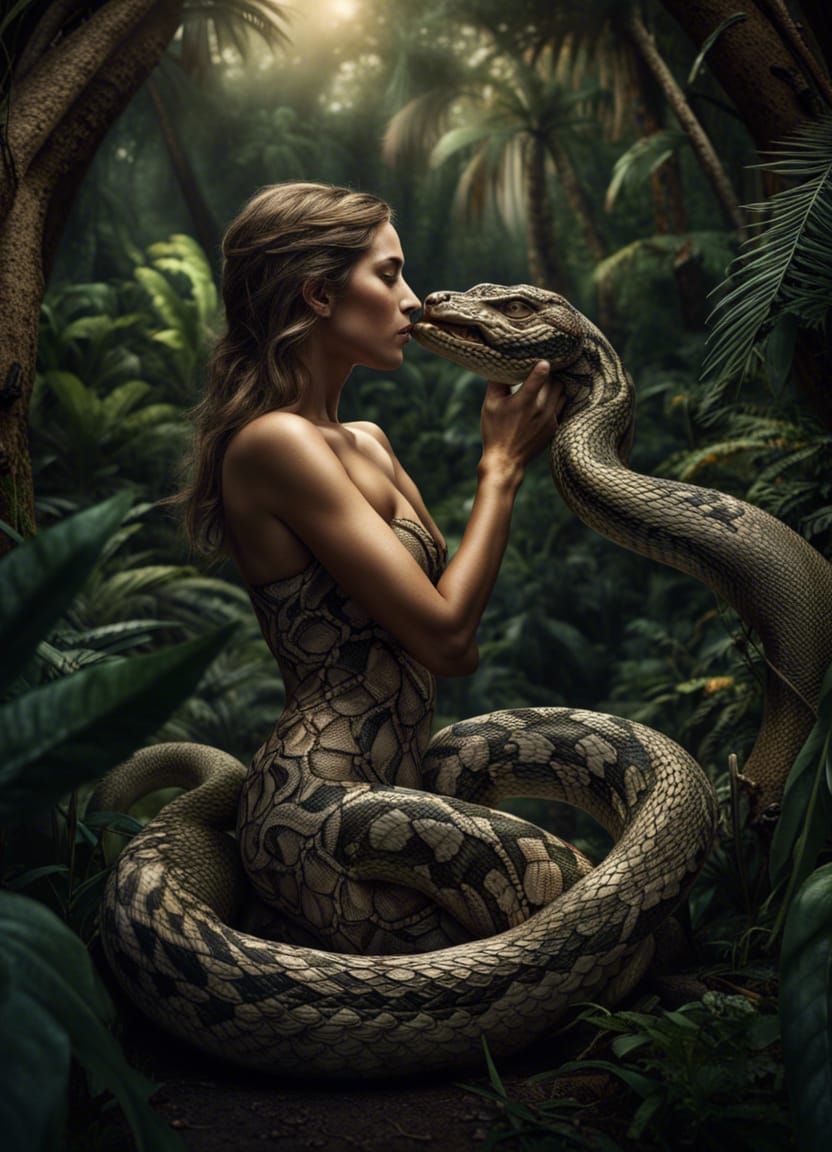 Nude Woman Kissing Serpent in Jungle: Hyperrealistic Art