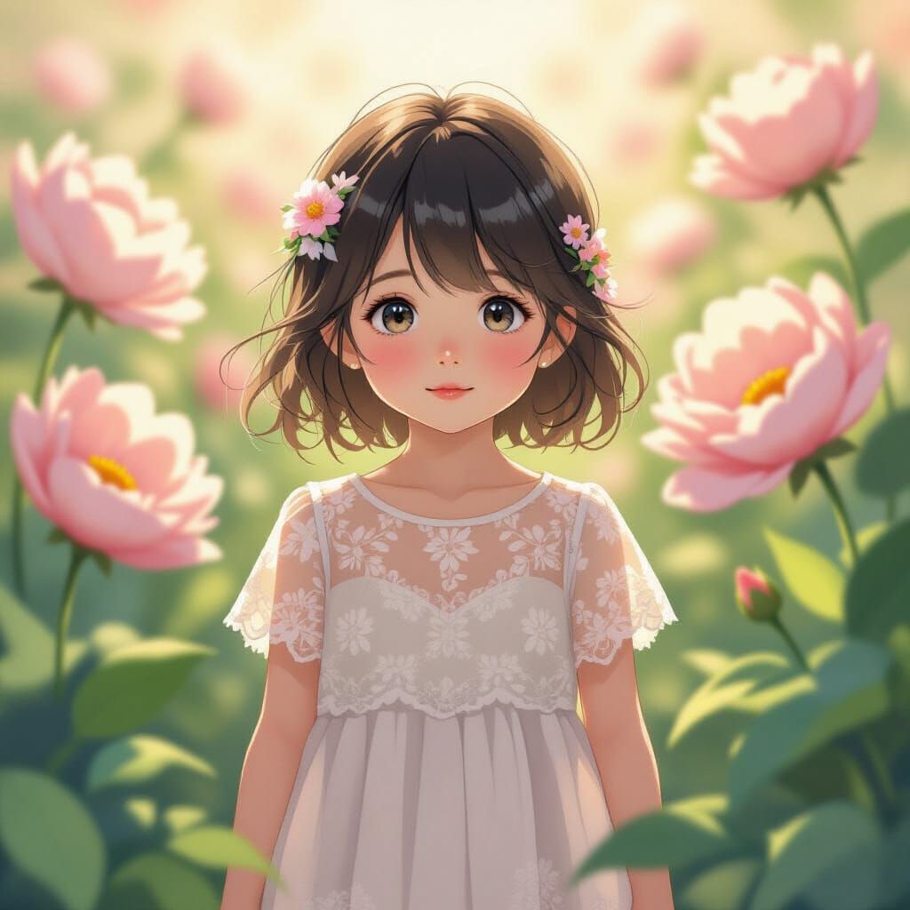 Anime Toddler Girl in Flower Garden with Dreamy Lighting