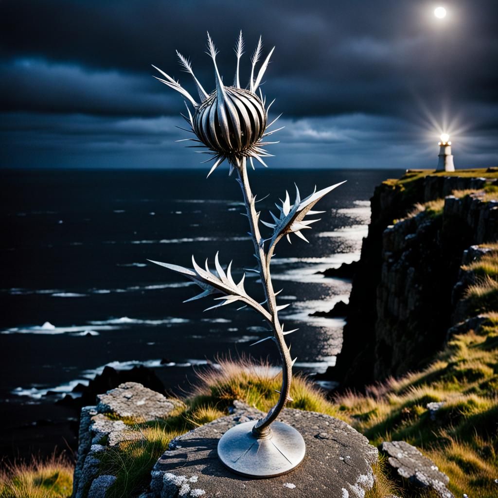 Metal Thistle Memorial on Scottish Cliffs