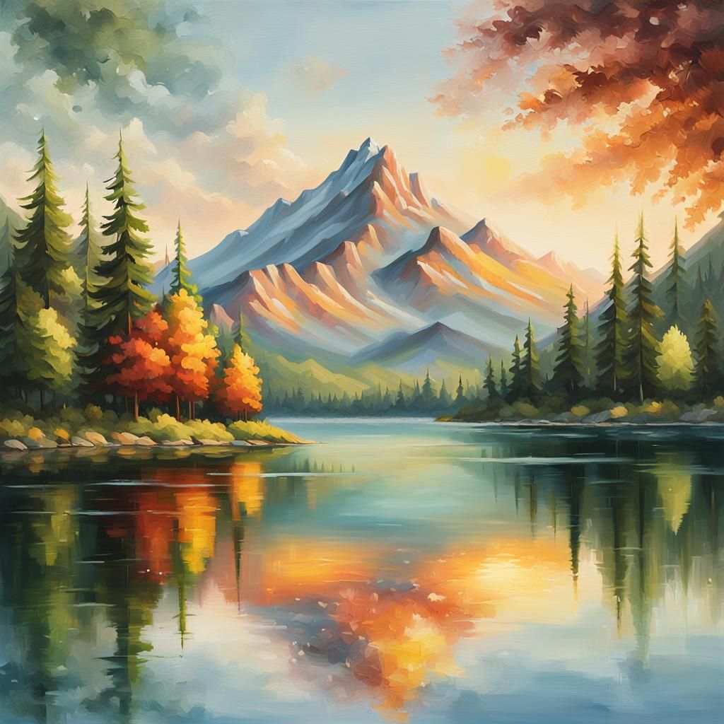 Majestic Mountain Peak Over Serene Lake in Oil