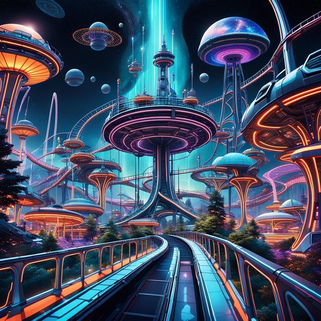 illustration showcasing a futuristic theme park floating in ...