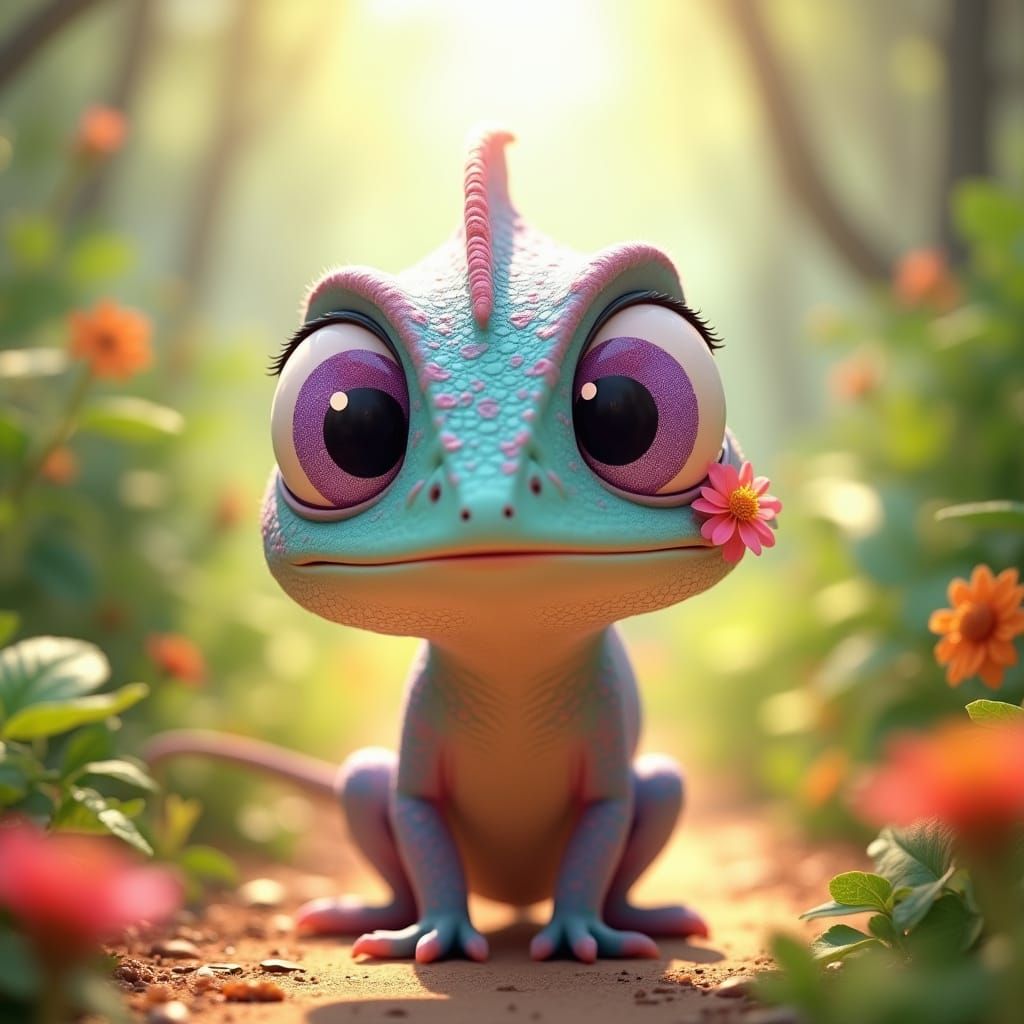 Pixar-Style 3D Chameleon in Sunny Jungle