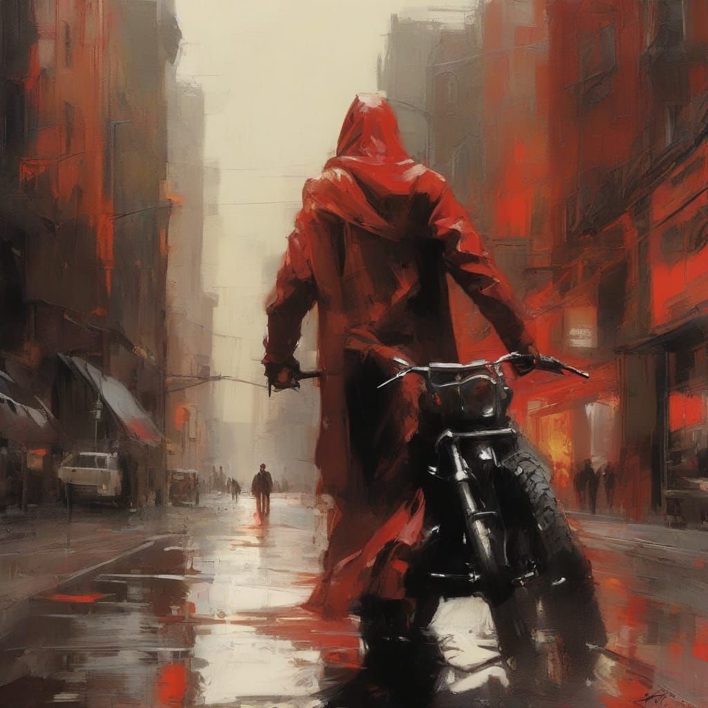 Hooded Rider on Chopper in Impasto Style