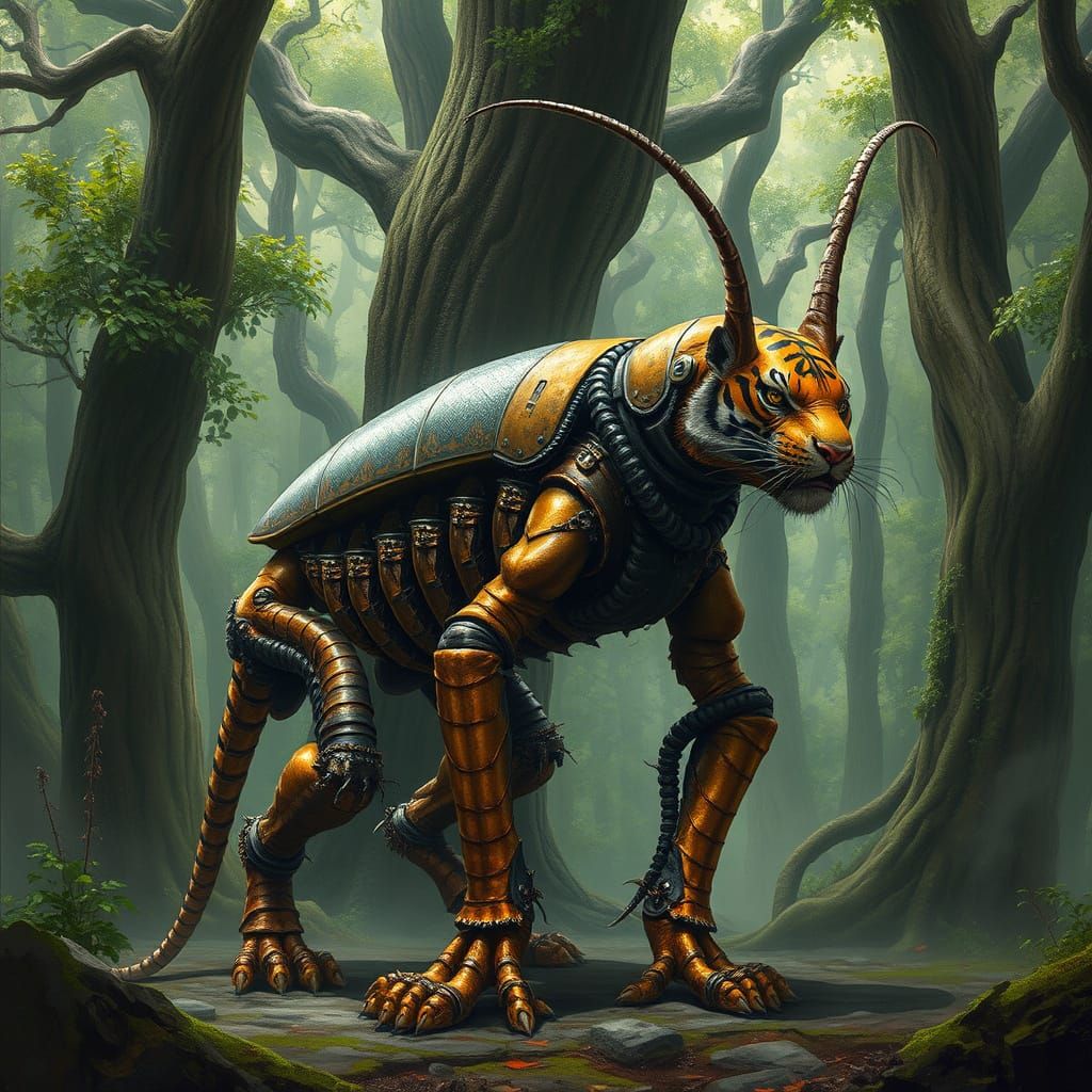 Mystical Tiger-Cockroach Hybrid Reigns Over Enchanted Forest