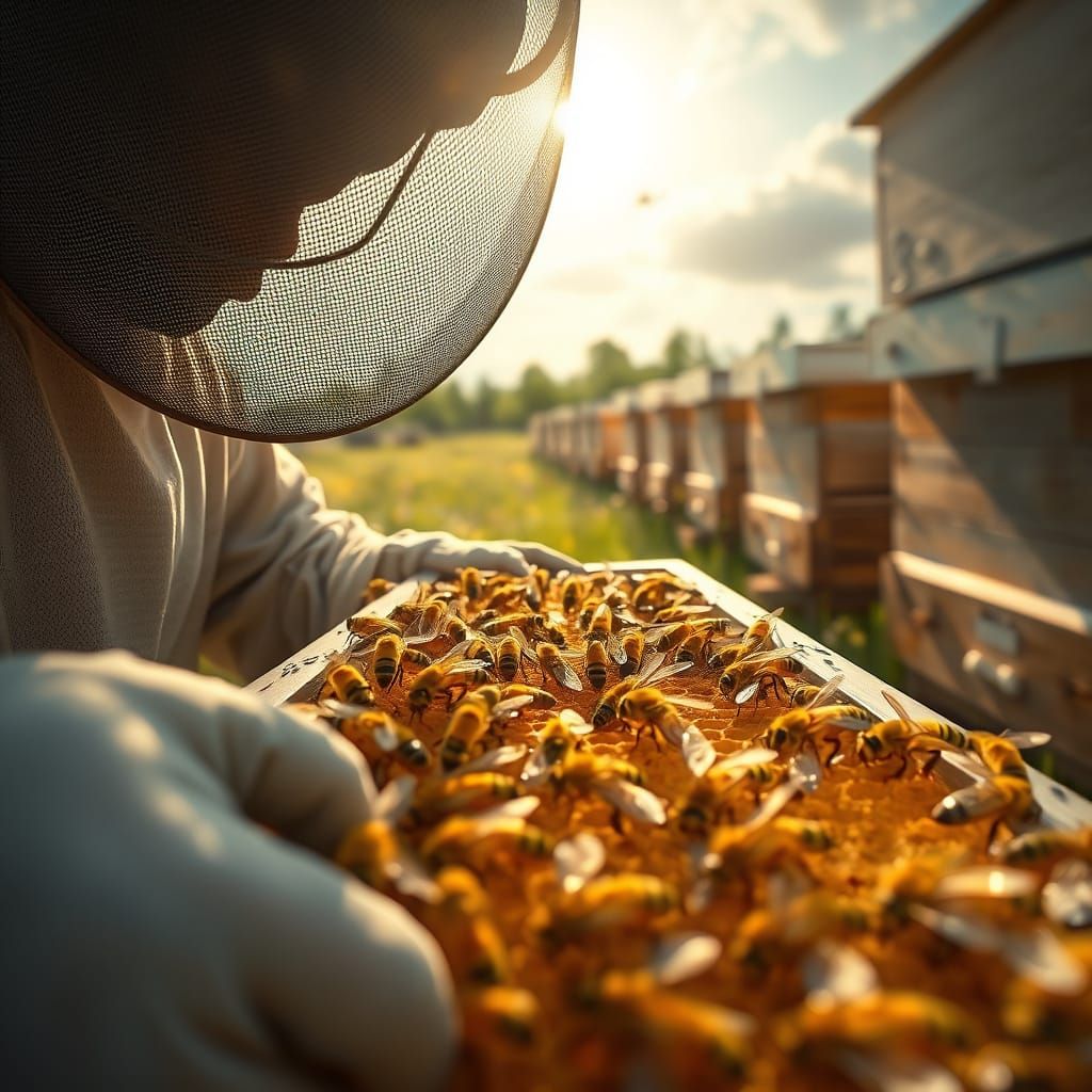 Surreal Apiculture Scene with Beekeeper in Ultra-Realistic D...