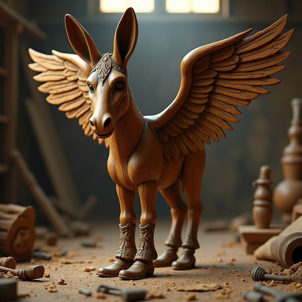 Wooden Donkey with Eagle Wings and Cowboy Boots