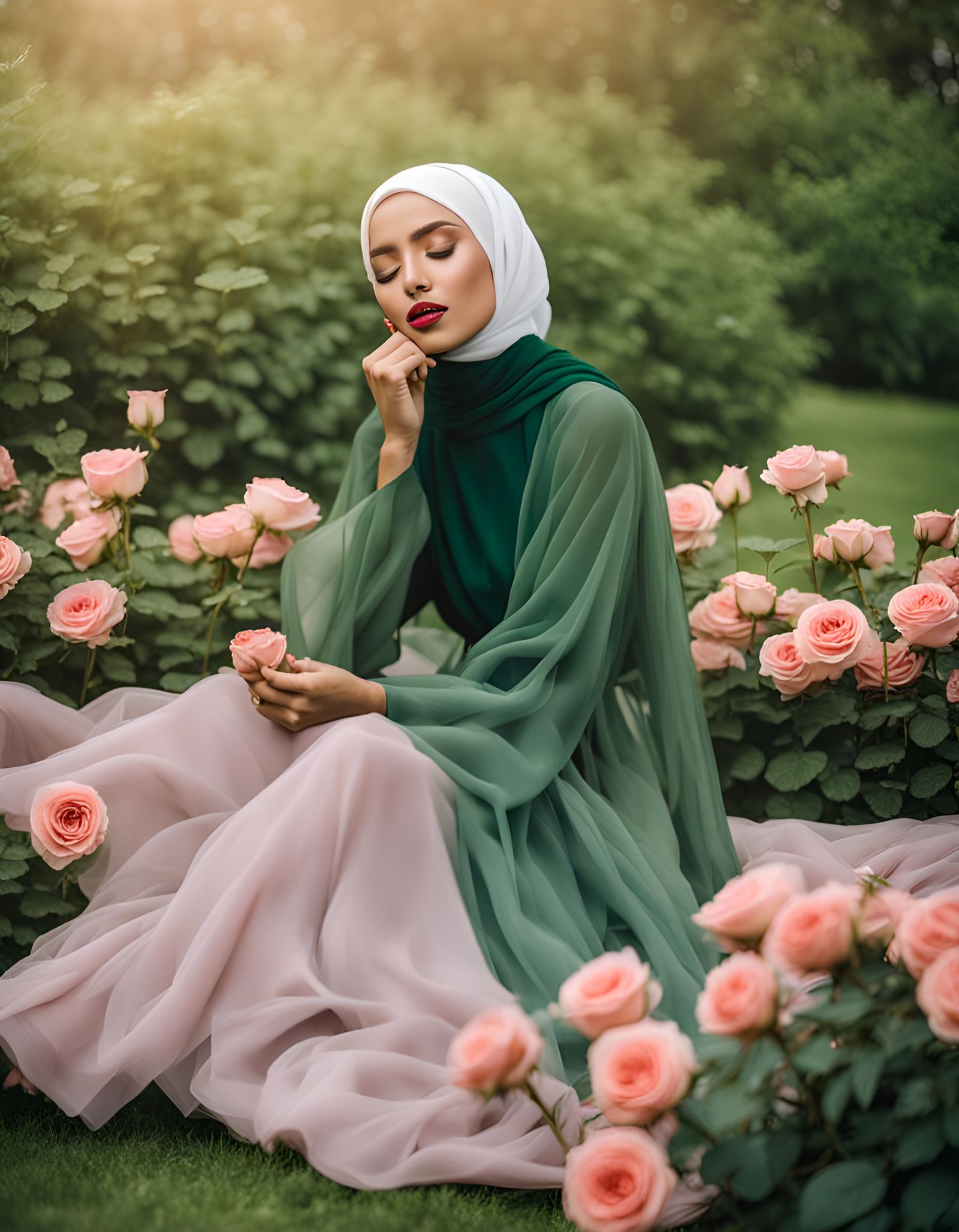 Serene Hijabi Woman with Rose on Green Lawn