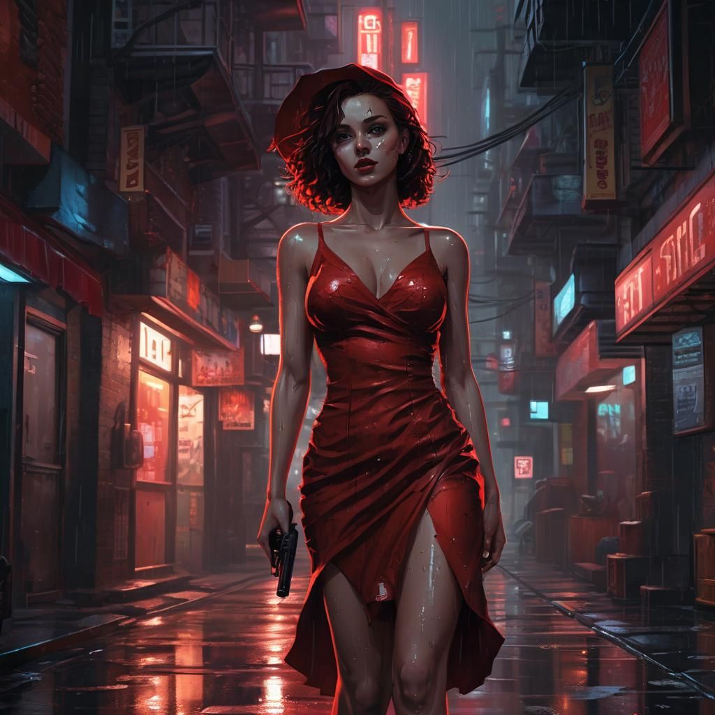 Femme Fatale in Rainy City Alley: Pixel Art