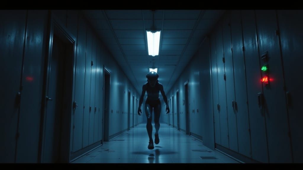 Biomechanical Horror Unfolds in Dark Space Ship Corridor