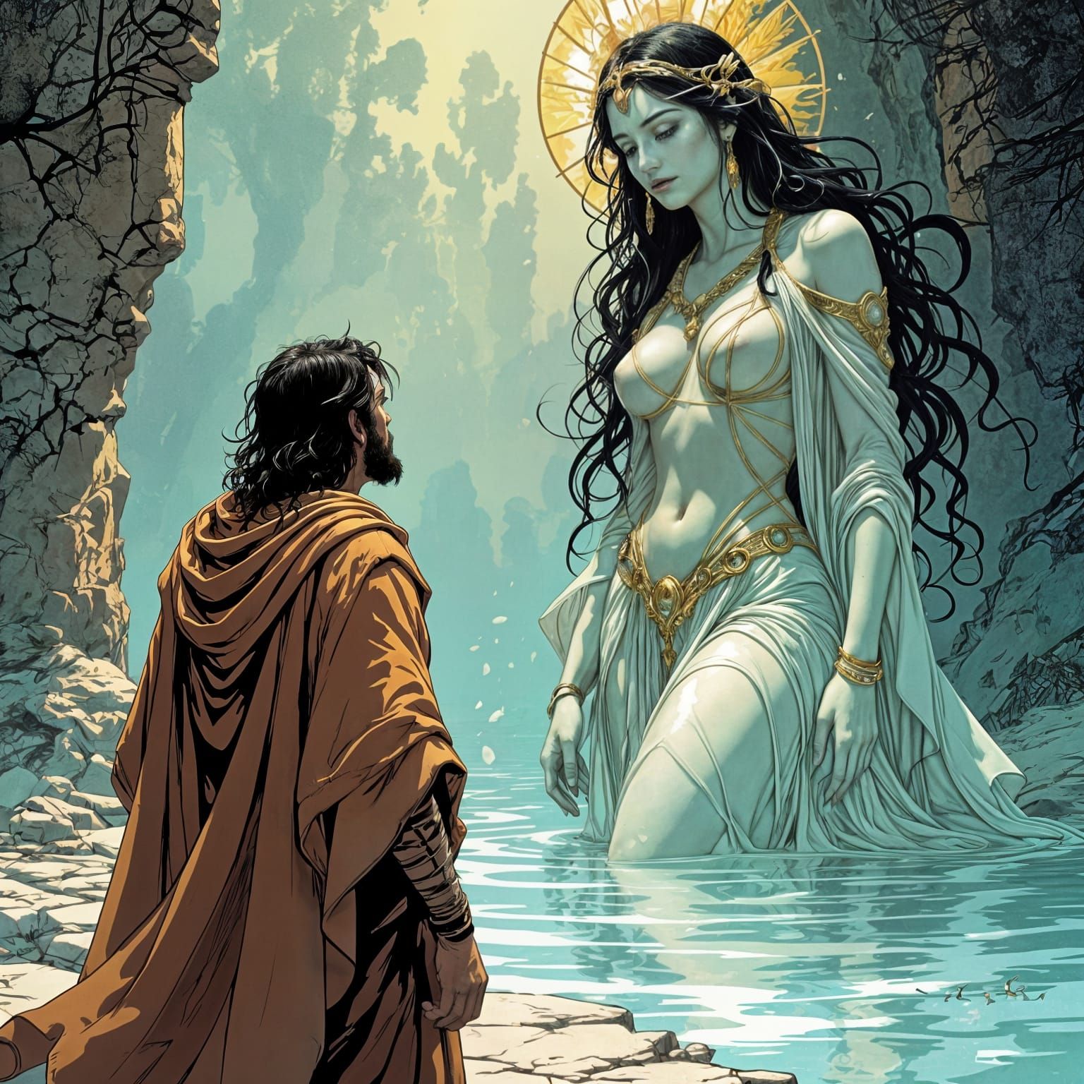 Wandering Man Admires Majestic Goddess in Dramatic Art Style