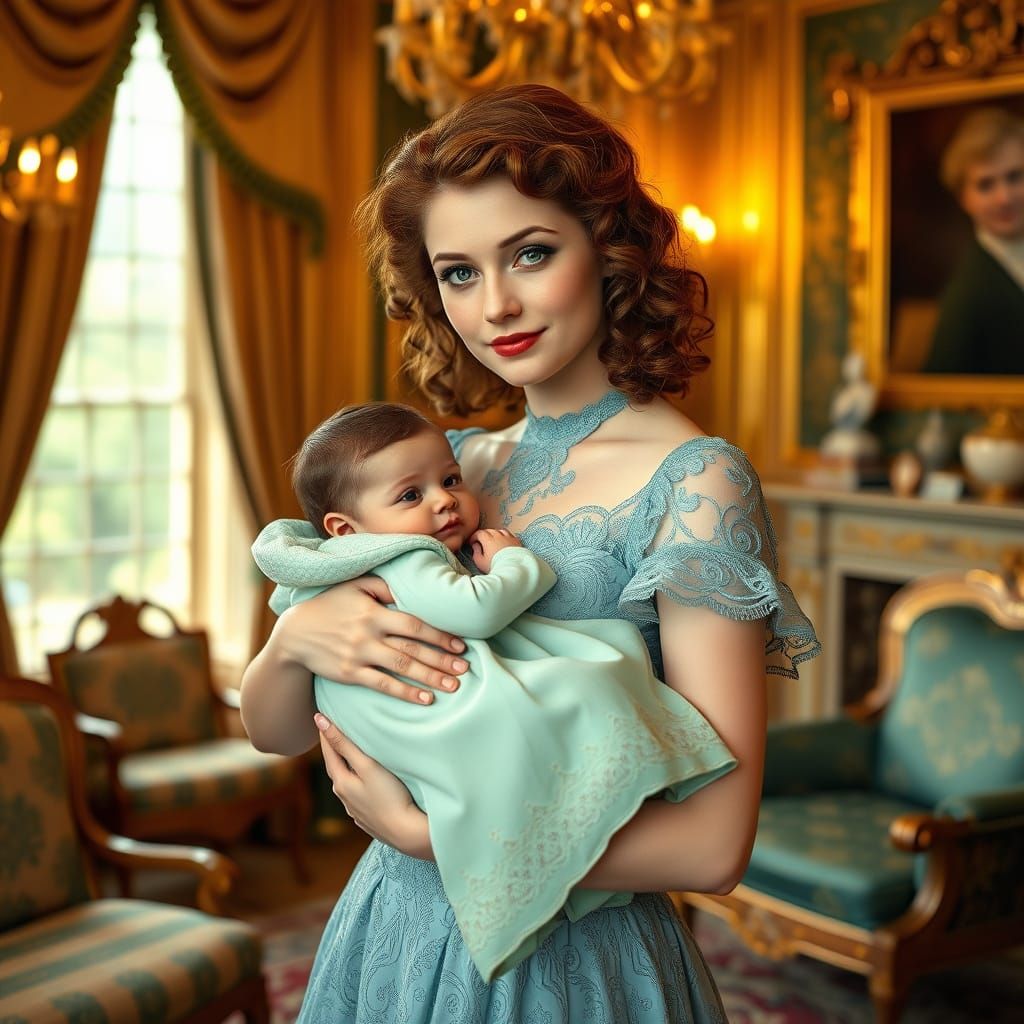 Edwardian Heiress and Baby in Lavish Castle Drawing Room