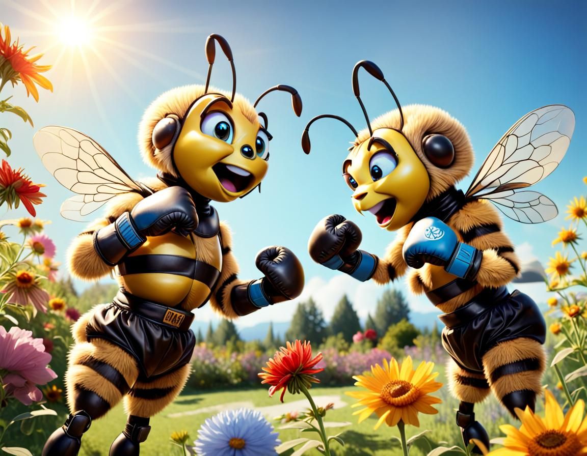 Bees Boxing Over Flower in Sunny Garden