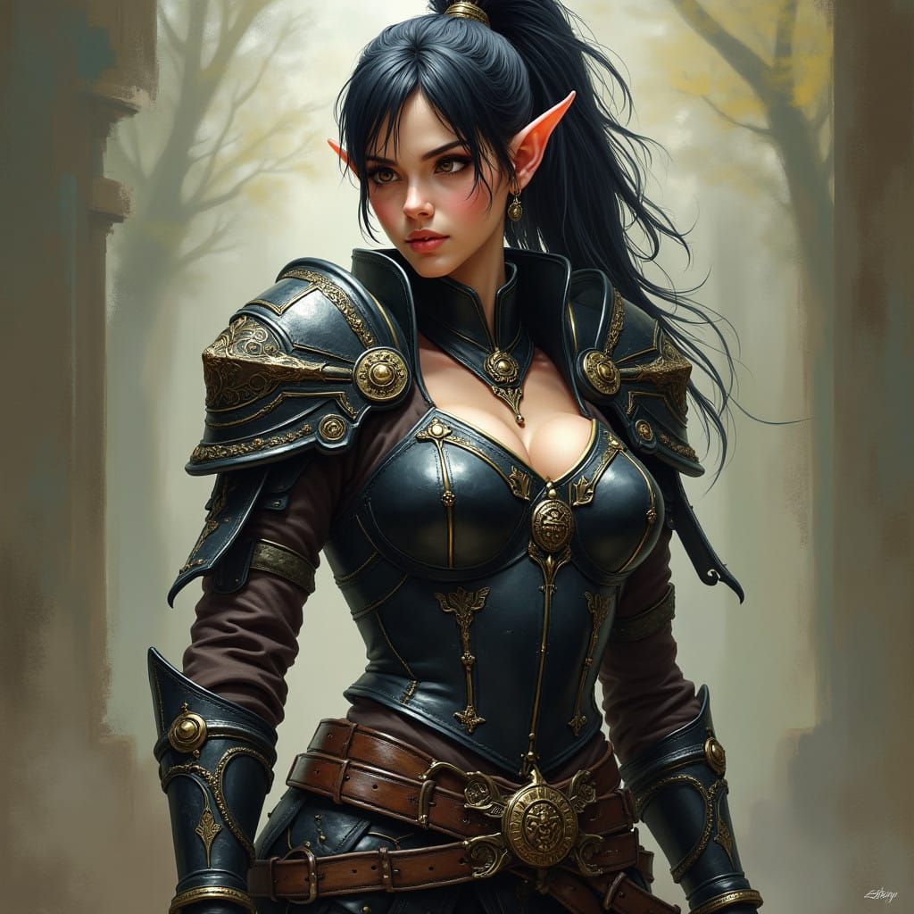 Dynamic Female Elf in Black Leather Armor, Inspired by Fraze...