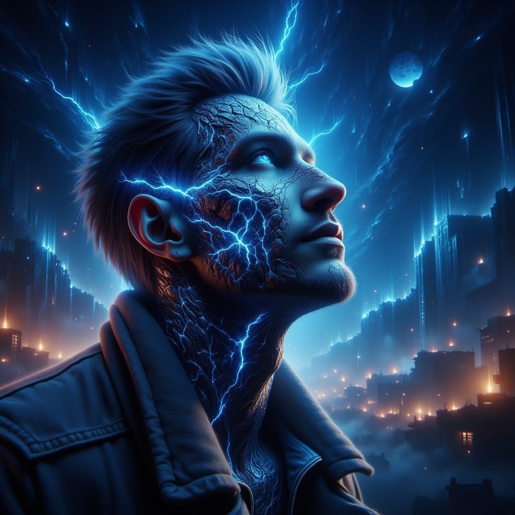 Man Gazing at Starry Sky in Synthwave Style