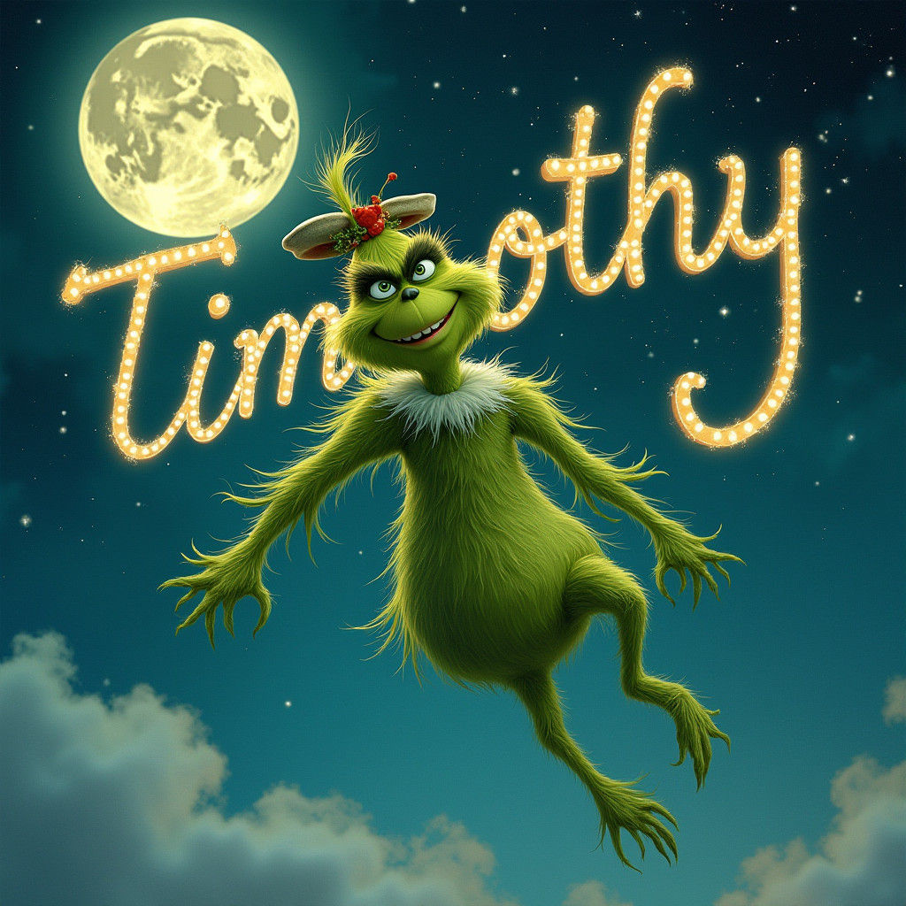 Grinch Writes 'Timothy' in Glowing Sky, Blending Styles