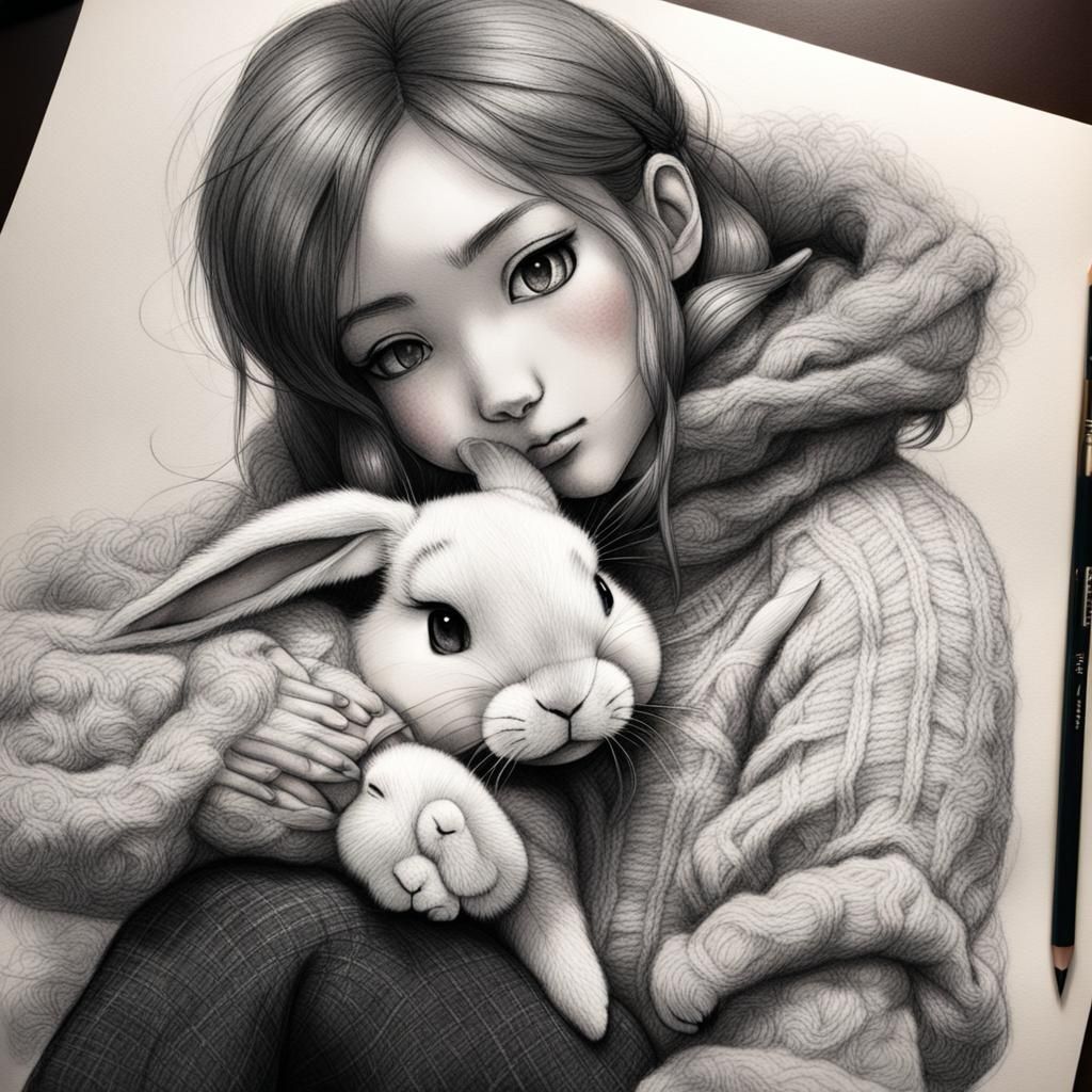 Anime Girl Snuggling Rabbit: Detailed Charcoal Drawing