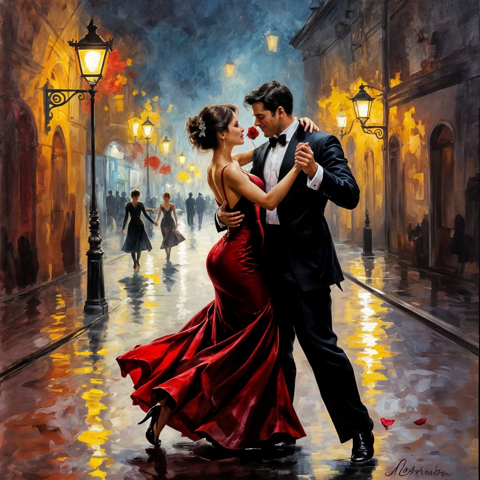 Two adults intertwined in a lamp lit street, dancing the tango, the lady dressed in a beautiful dress and holding a rose...