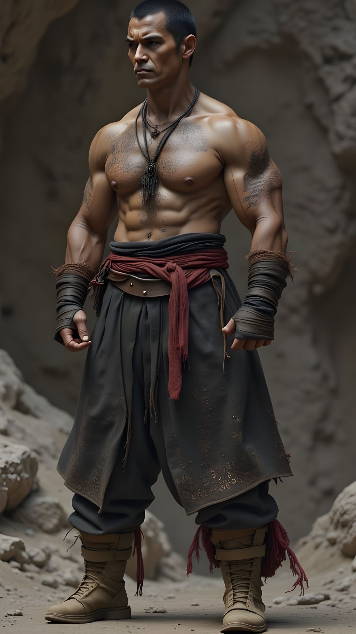 Muscular Asian Man in Earth-Toned Sci-Fi Landscape