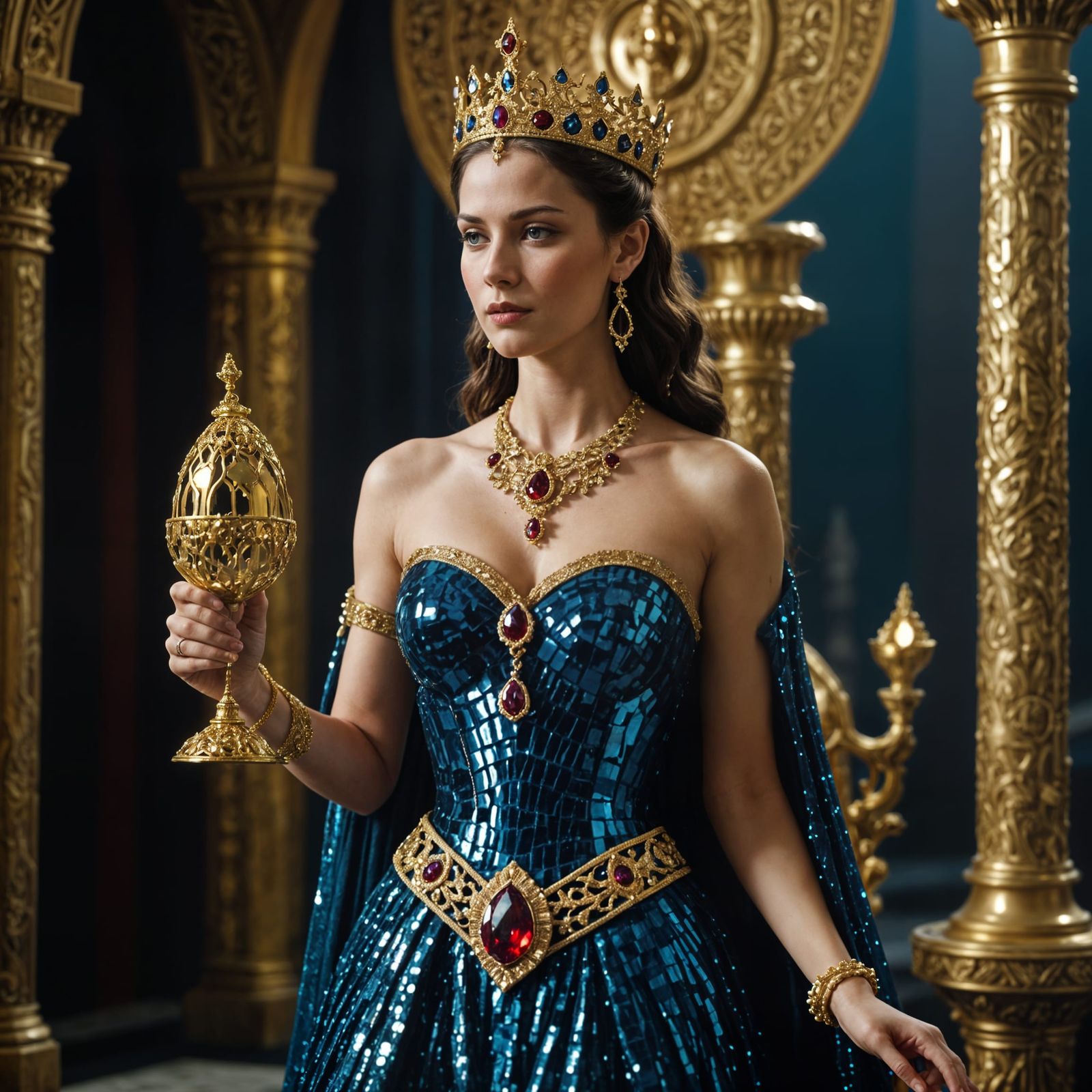 Imperial Empress in Blue Sequins Dress with Golden Chalice