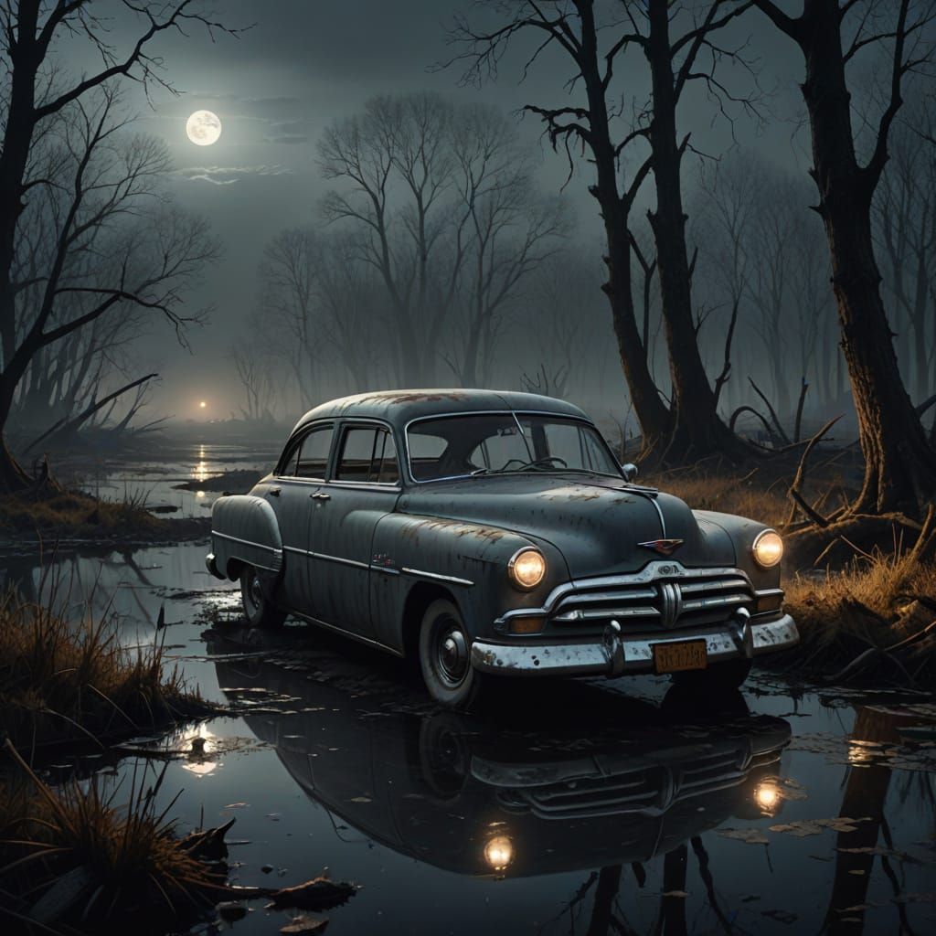 Abandoned 1950s Car in Swamp at Night