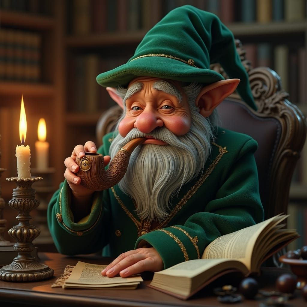 Whimsical Gnome Smokes Pipe in Cozy Study