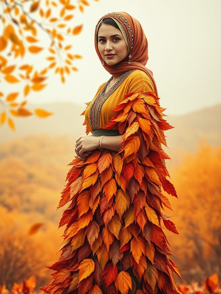 Palestinian Woman in Autumn Leaf Dress: Collage Art