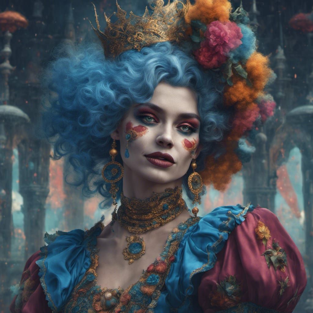 A clown woman with blue hair and a scar on her face wearing beautiful earrings and a beautiful princess dress