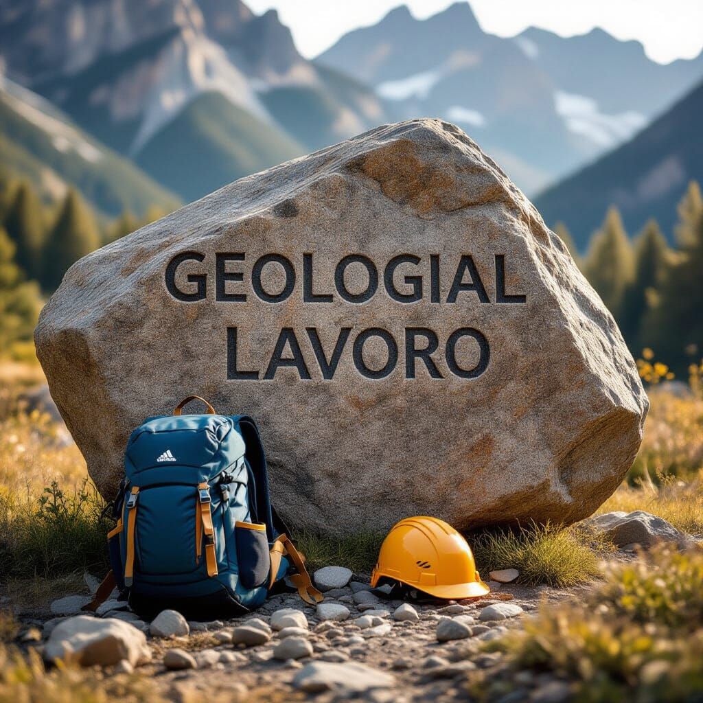 Geological Work: Boulder with Backpack and Helmet