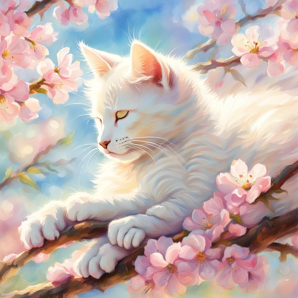 White Kitten Asleep on Cherry Blossoms in Watercolor