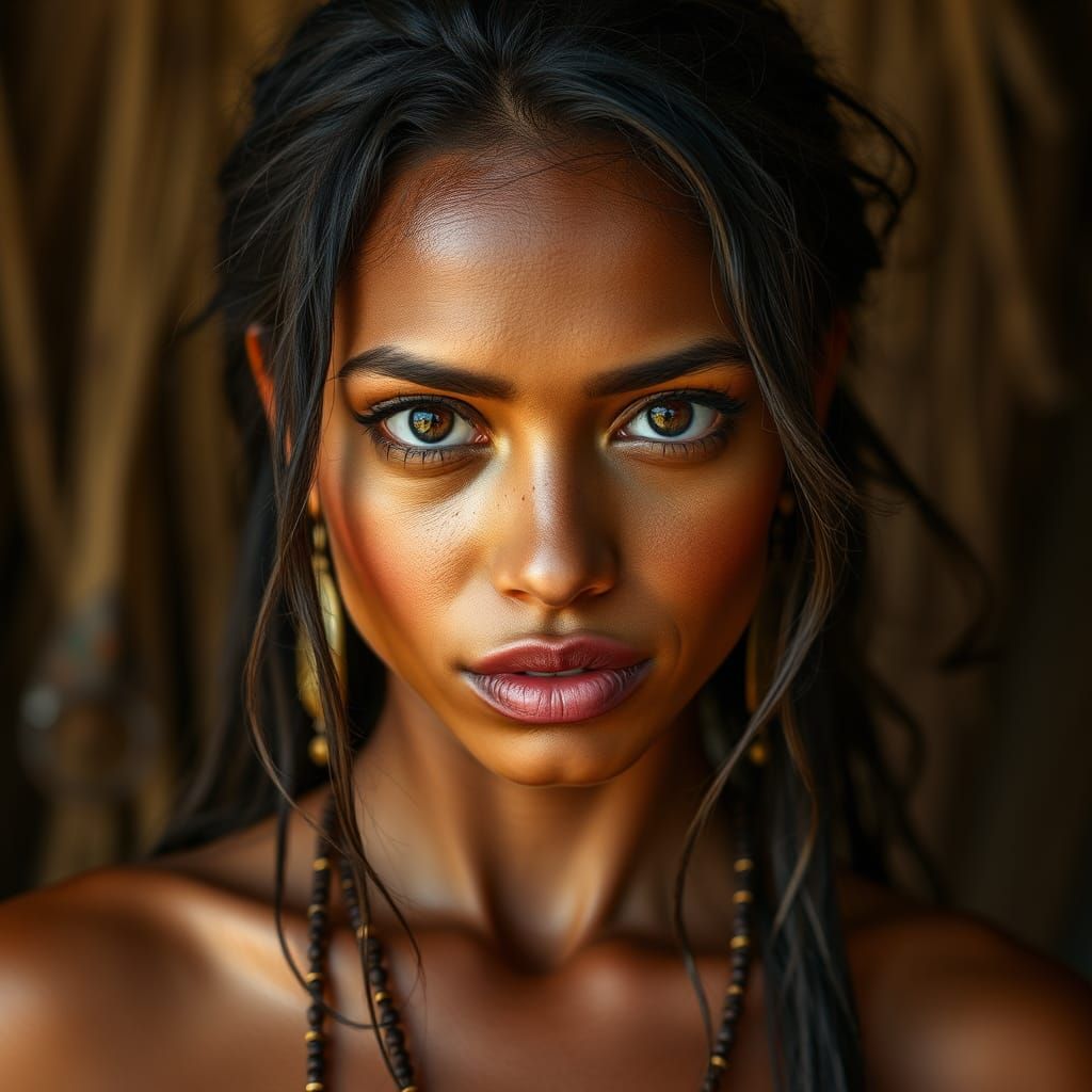 Exotic Tanned Woman Portrait with Dark Eyes