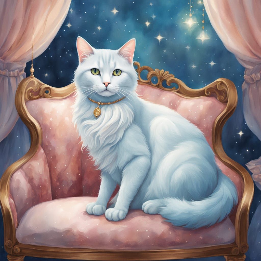 Anthropomorphic Cat with Galaxy Hairstyle in Watercolor Styl...