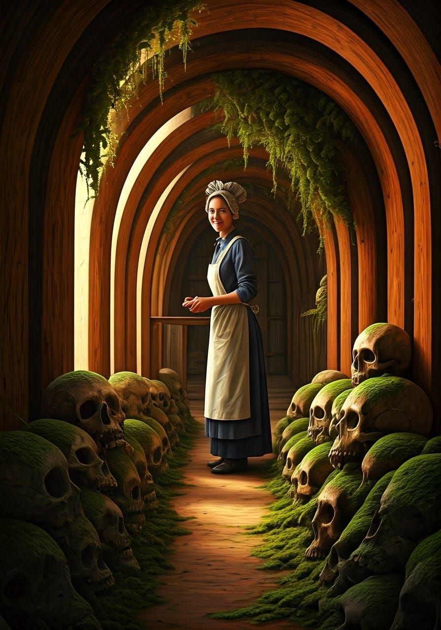 Surreal Kitchen Scene with Ancient Skulls in 19th-Century St...