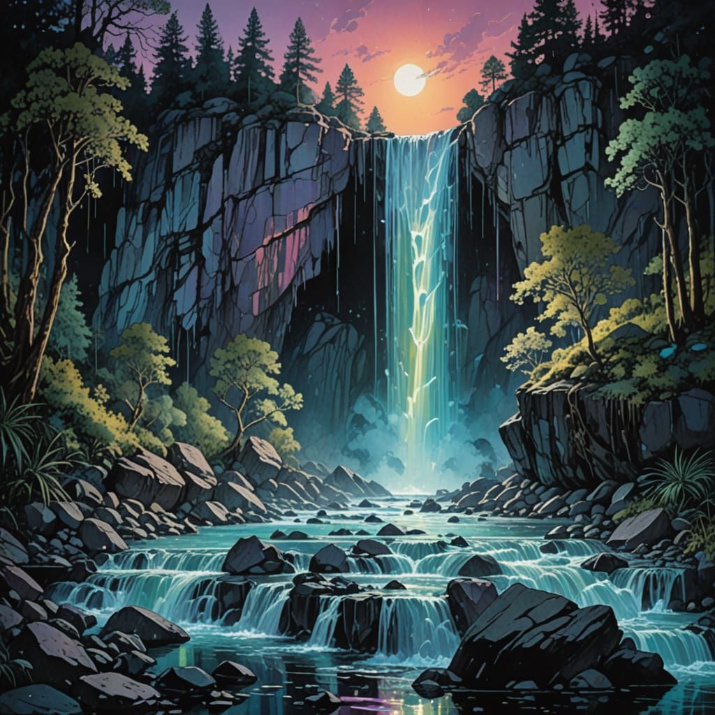 Iridescent Crystal Waterfall Landscape at Dusk