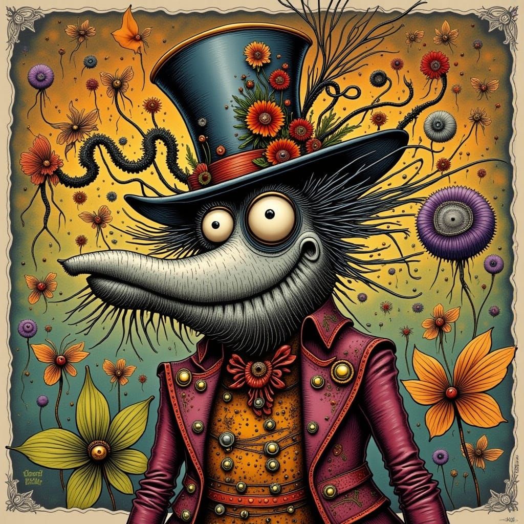 Whimsical Steampunk Hatter in Vibrant, Psychedelic Dreamscap...
