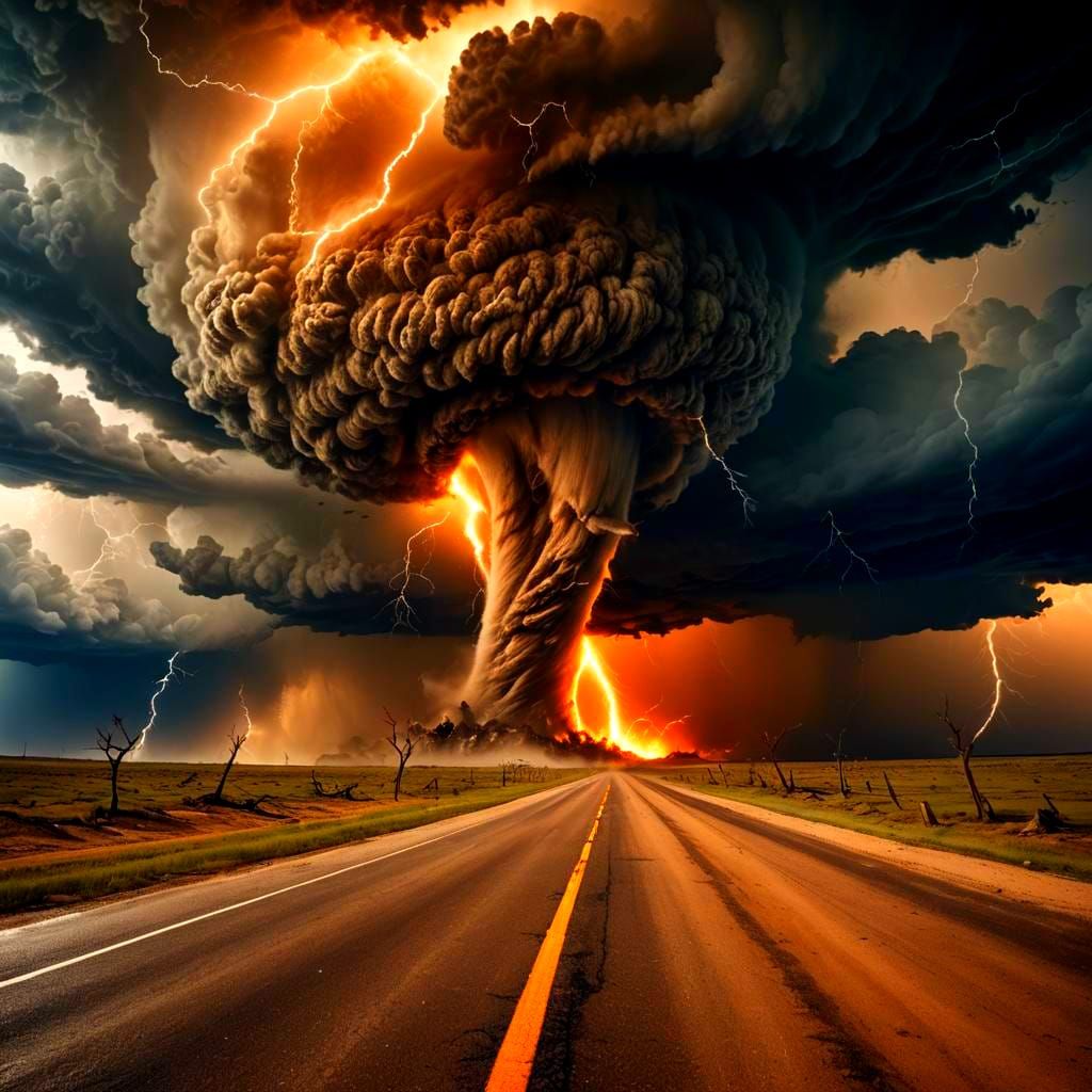 Breathtaking Tornado at Road's End with Lightning