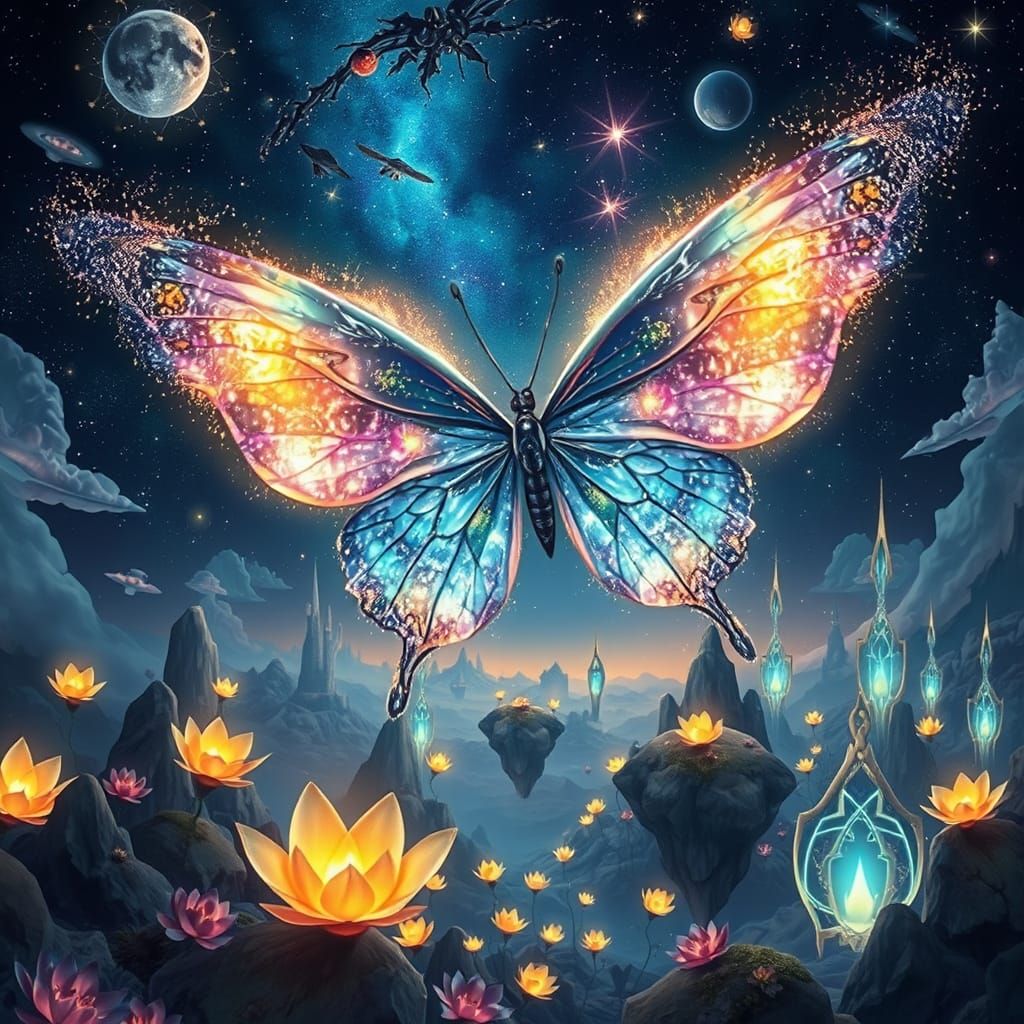 Celestial Butterfly in Cosmic Garden: A Fantasy Image