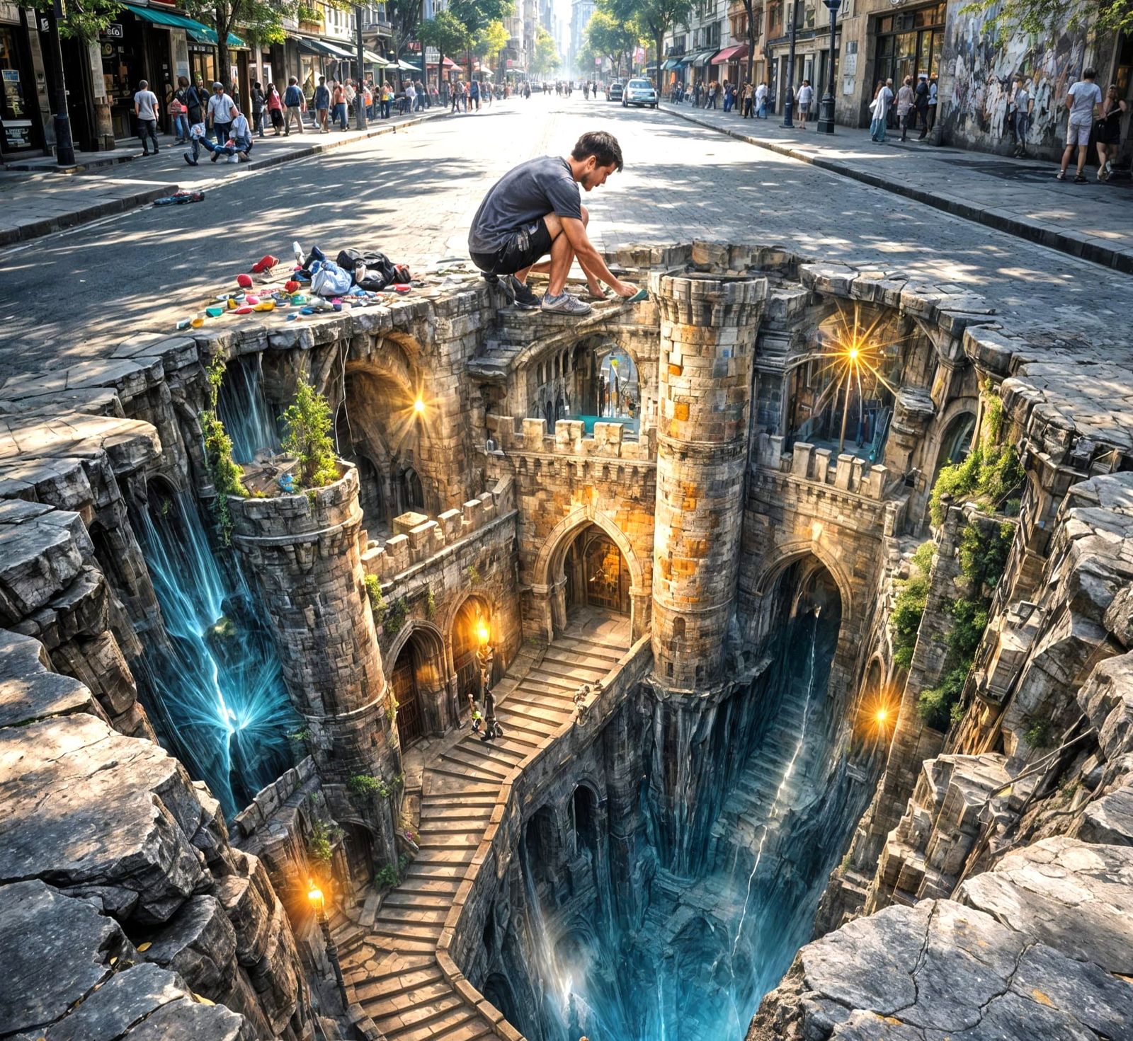 3D Chalk Art Illusion of Medieval Castle on City Street