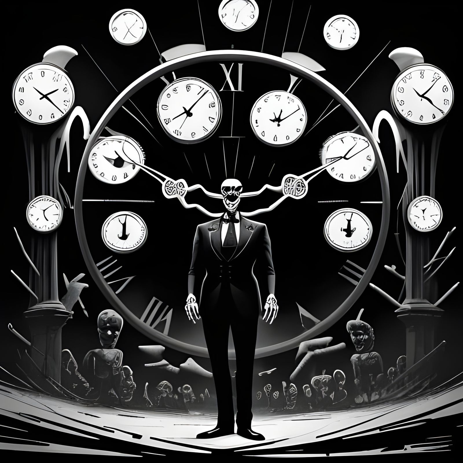 Dark Surreal Cartoon of Man Overwhelmed by Clocks