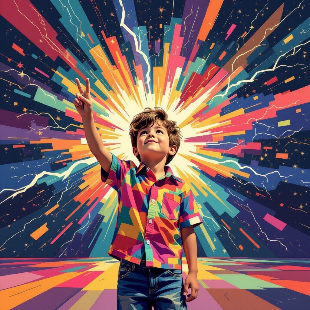 Boy Silhouetted by Cosmic Explosion in Cubist Style