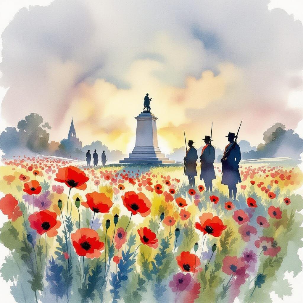 Remembrance Day Poppy Field with Soldier Silhouettes