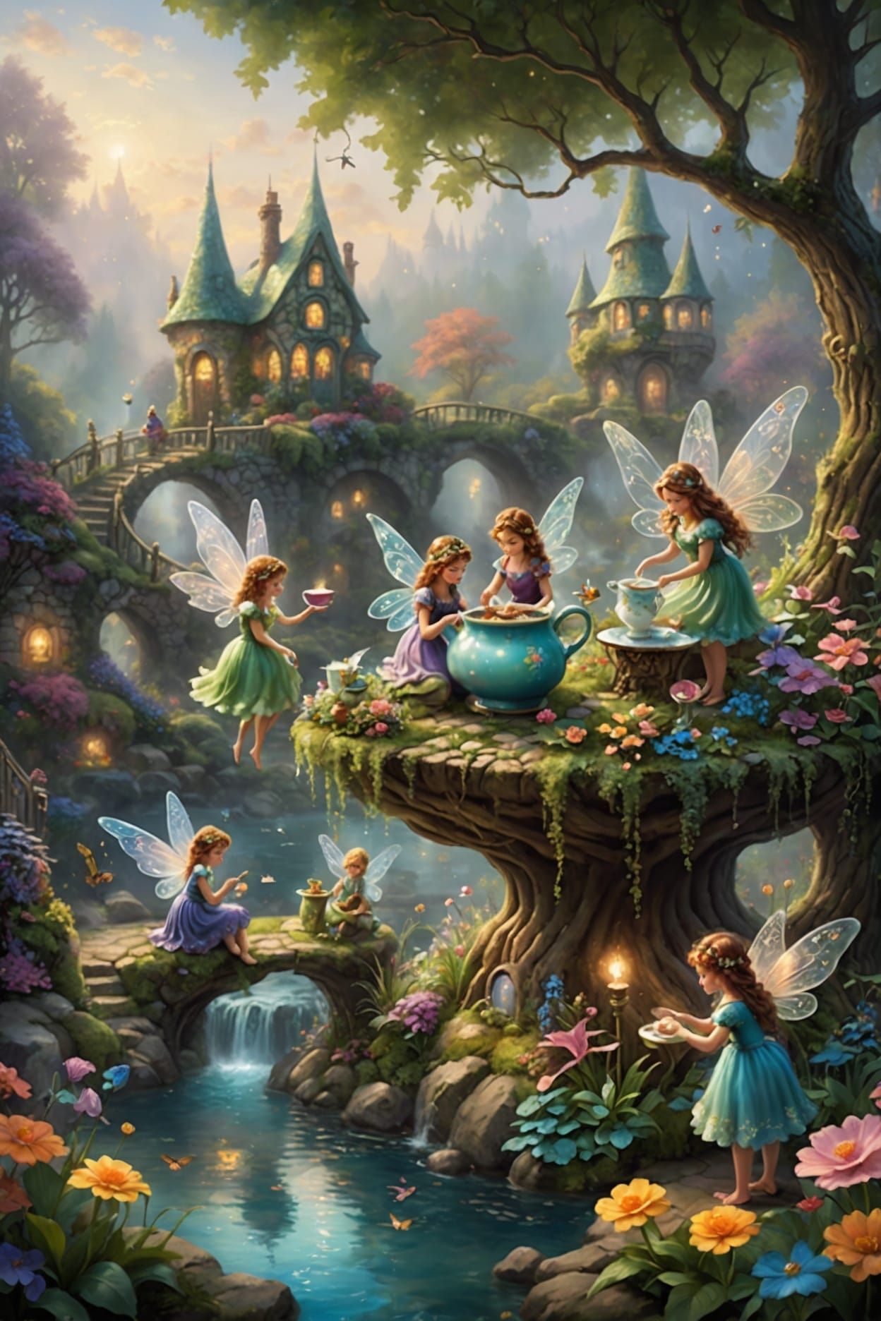 Fairies Tend Teacup Garden in Ethereal Style