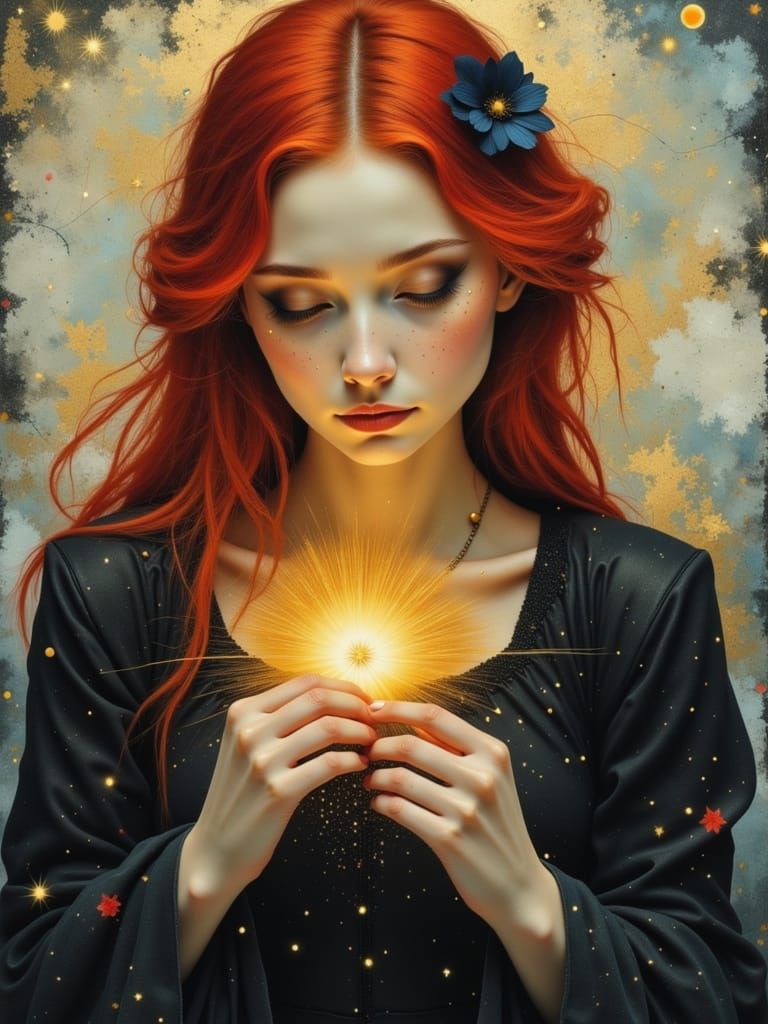 Gothic Woman Holding Light Spark in Watercolor Style
