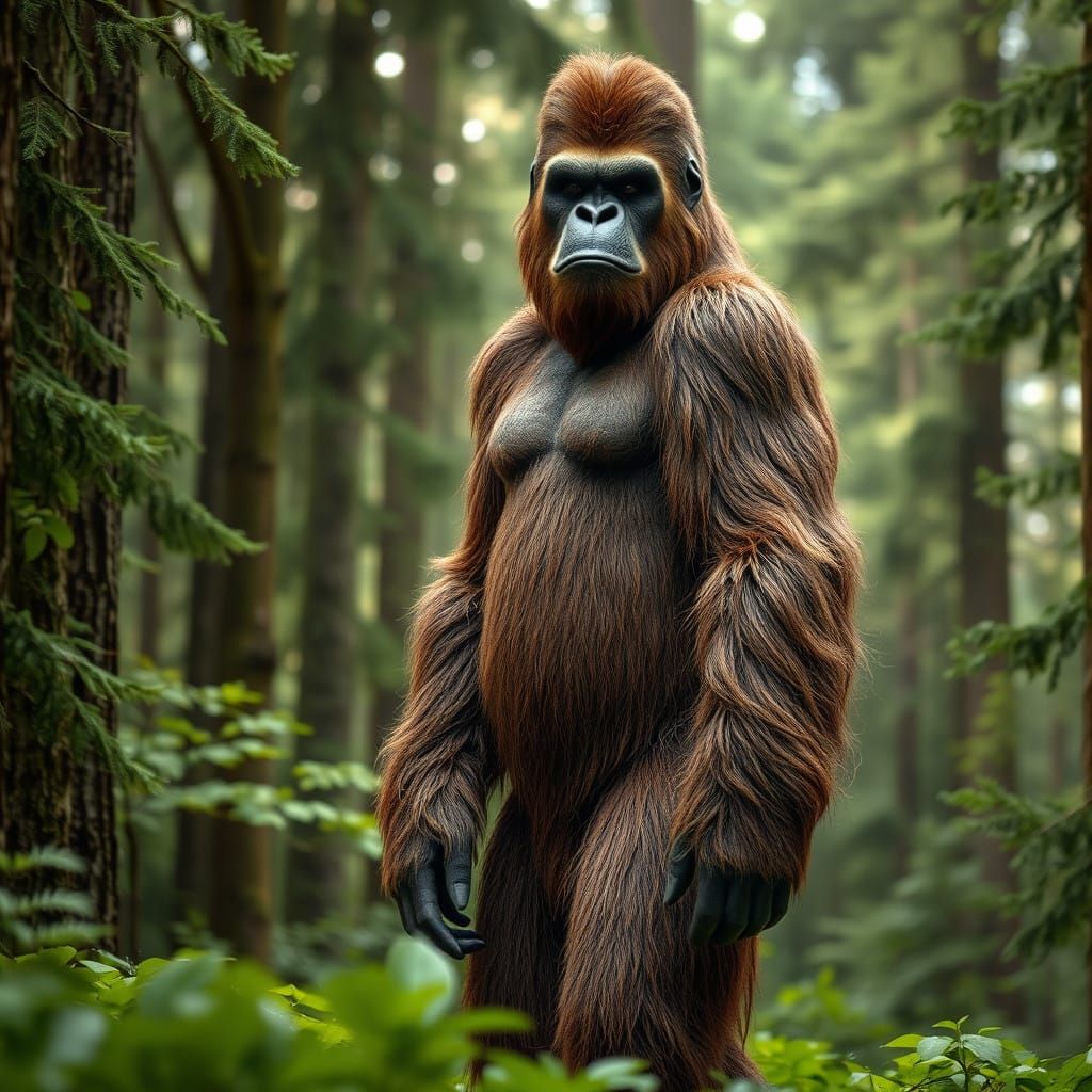 Toned Sasquatch Stands Tall in Dense Lush Forest